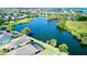Aerial view of waterfront houses and lakes connected by bridges under a sunny, partly cloudy sky at 15510 Lake Burnett Shore Ct, Winter Garden, FL 34787