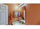 Bright bathroom with a granite countertop, framed mirror, and warm orange walls at 15510 Lake Burnett Shore Ct, Winter Garden, FL 34787