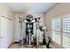 Home gym featuring state-of-the-art Life Fitness multigym, Peloton exercise bike, weights and view of outdoors at 15510 Lake Burnett Shore Ct, Winter Garden, FL 34787