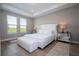 Elegant primary bedroom with tray ceiling, white upholstered bed, and mirrored nightstands at 16489 Silver Brook Way, Winter Garden, FL 34787