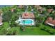 Aerial view of community pool, featuring sparkling blue water, ample seating, and lush landscaping for relaxation at 453 Sorrento Rd, Kissimmee, FL 34759