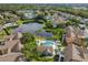 Expansive aerial shot of the community, showcasing the pond, colorful buildings, and inviting swimming pool at 8704 Knightsbridge Ct # B, Kissimmee, FL 34747