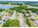 An aerial view capturing a scenic lake in the distance with a neighborhood featuring trees, lawns, and pools at 2203 Essex Dr, Ocoee, FL 34761
