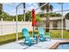 Outdoor pool area features two chairs with a small table next to the pool and a partially visible red umbrella at 2203 Essex Dr, Ocoee, FL 34761