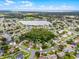 Aerial view of a house in a residential neighborhood with mature trees and a lake at 2888 Middleton Cir, Kissimmee, FL 34743