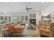 Bright living room featuring a fireplace, leather furniture and hardwood floors at 1550 Bluewater Run, Chuluota, FL 32766