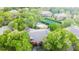 An aerial view displays lush greenery, mature trees, and community tennis courts and pools at 191 Villa Di Este Ter # 201, Lake Mary, FL 32746