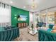 Bright living room featuring stylish furnishings, a vibrant accent wall, and sliding glass doors to the outdoor pool area at 1999 Tropical Palms Cir, Kissimmee, FL 34747