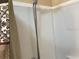 Shower with detachable shower head and bronze patterned shower curtain at 2808 Manatee Rd, Tavares, FL 32778