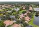 A bird's-eye view showcases residences with mature trees around a lake, with community pool at 390 Anessa Rose Loop, Ocoee, FL 34761