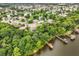 Aerial view of a neighborhood with a lake and a fishing dock at 1203 Stone Harbour Rd, Winter Springs, FL 32708
