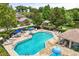 Inviting community pool with ample seating, blue umbrellas, and a nearby playground at 1203 Stone Harbour Rd, Winter Springs, FL 32708