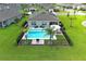 Aerial view showcasing a private pool, fenced yard, and outdoor seating at 1313 Middle Lake Dr, Ormond Beach, FL 32174