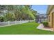 Manicured backyard with lush lawn, tall privacy bushes and screen enclosed pool and spa area at 14312 Paradise Tree Dr, Orlando, FL 32828