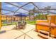 Relaxing screened patio featuring lounge chairs, dining set, and a rejuvenating hot tub for outdoor enjoyment at 3002 Secret Lake Dr, Kissimmee, FL 34747