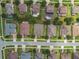 Aerial view of a neighborhood showcasing well-maintained homes, tree-lined streets, and manicured lawns from an elevated perspective at 4133 Foxhound Dr, Clermont, FL 34711