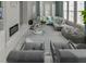 Stylish living room featuring fireplace, plush gray sofa, stylish pillows, and large windows at 7550 John Hancock Dr, Winter Garden, FL 34787