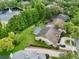 Beautiful aerial shot showing a backyard swimming pool, mature trees, and a nearby pond at 787 High Grove Park Ct, Oviedo, FL 32765