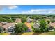 An aerial view showcases a residential neighborhood with mature trees, lawns, and screened pools on a bright sunny day at 2124 Fish Eagle St, Clermont, FL 34714