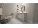 Bright bathroom with marble floors, white vanity, floating shelves, and modern fixtures at 6428 Lynn Rd, Orlando, FL 32810