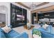 Bright, stylish living room features a modern fireplace and TV, with luxurious blue couches at 9259 Tibet Pointe Cir, Windermere, FL 34786