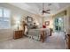 Relaxing main bedroom featuring a ceiling fan, tray ceilings, and a private patio at 11602 Graces Way, Clermont, FL 34711