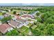 Aerial view showcases a fenced backyard with patio, shed, and lush trees near neighborhood amenities and pond at 1429 Carey Glen Cir, Orlando, FL 32824