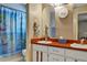 Well-lit bathroom with double vanity, decorative shower curtain, and charming details at 2132 Palm Vista Dr, Apopka, FL 32712