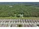 An aerial view showcases the community's layout, backing up to a green wooded area at 1580 Delphi Way, New Smyrna Beach, FL 32168