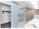 Light and airy bathroom featuring a walk-in shower, a soaking tub, and a double sink vanity at 3065 Bridgehampton Ln, Orlando, FL 32812