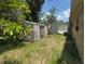 View of a backyard shed featuring a faded metal exterior, set amidst a partially overgrown lawn at 625 E Jackson Ave, Mount Dora, FL 32757