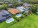 An aerial view of backyard pools and fenced yards surrounded by mature landscaping at 9780 Cypress Pine St, Orlando, FL 32827