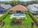Aerial view of a private backyard oasis with a sparkling pool and lush landscaping at 9780 Cypress Pine St, Orlando, FL 32827