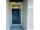 Inviting entryway featuring a navy blue front door with side windows, a modern light fixture, and fresh gray paint at 215 Hollowbrook Cir, Daytona Beach, FL 32114