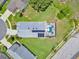 A beautiful aerial view of the home, showcasing the screened pool, solar panels, and spacious lawn at 2627 Autumn Creek Cir, Kissimmee, FL 34747