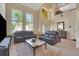 Elegant living room with two story ceiling, plush leather sofas, and many windows at 33919 Terragona Dr, Sorrento, FL 32776