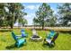 Backyard fire pit surrounded by colorful Adirondack chairs, grass and mature trees at 4055 State Road 11, Deland, FL 32724