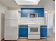 Functional kitchen space with standard appliances and blue cabinets for a clean and organized feel at 2729 N Poinciana Blvd # 125, Kissimmee, FL 34746