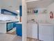 Convenient laundry area features a washer and dryer adjacent to the kitchen with bright blue cabinets at 2729 N Poinciana Blvd # 125, Kissimmee, FL 34746