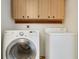 Well-equipped laundry room featuring a modern washer and dryer with wooden cabinets at 2772 Pelham Cir, Deltona, FL 32738