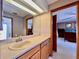 Bathroom vanity with a large mirror and wood cabinets, open to the bedroom, provides functionality and natural light at 5724 Pitch Pine Dr, Orlando, FL 32819