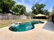 Backyard pool with unique shape, umbrella, and lush landscaping offering privacy at 5724 Pitch Pine Dr, Orlando, FL 32819