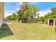 Vast backyard featuring a lush lawn, mature trees, and storage sheds at 620 Unabelle Ave, Holly Hill, FL 32117