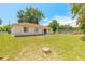 View of the home's backyard with a well-kept lawn, mature trees, and blue skies at 620 Unabelle Ave, Holly Hill, FL 32117