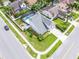 Aerial view showcasing a home with a screened pool, surrounded by well-manicured landscaping and neighborhood streets at 754 Birgham Pl, Lake Mary, FL 32746