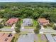 The aerial view of the house and neighborhood show beautiful architecture and lush green tree coverage at 8080 Peaceful Cir, Sanford, FL 32771