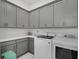 Organized laundry room with gray cabinetry and modern washer and dryer units at 8080 Peaceful Cir, Sanford, FL 32771