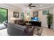 Relaxing living room with two sofas, a decorative area rug, and a door to the outside at 8219 Roseville Blvd, Davenport, FL 33896