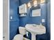 The bathroom features blue walls, a pedestal sink, and a walk-in shower at 1511 Chestnut Ave, Winter Park, FL 32789