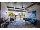 Relaxing covered patio with a view of the pool and decorated with stylish outdoor furniture and modern accents at 3126 Wolf Lake Ave, Apopka, FL 32712